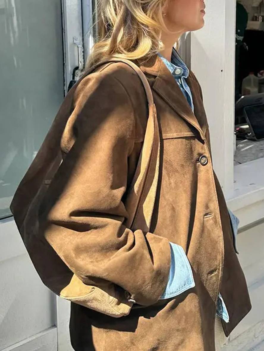 Giacca In Pelle Scamosciata Vintage Casual Per Donna | Con Tasche