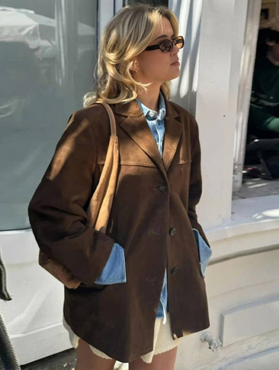 Giacca In Pelle Scamosciata Vintage Casual Per Donna | Con Tasche