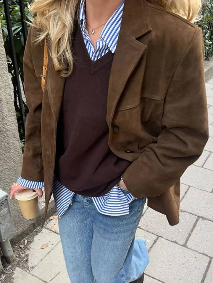 Giacca In Pelle Scamosciata Vintage Casual Per Donna | Con Tasche