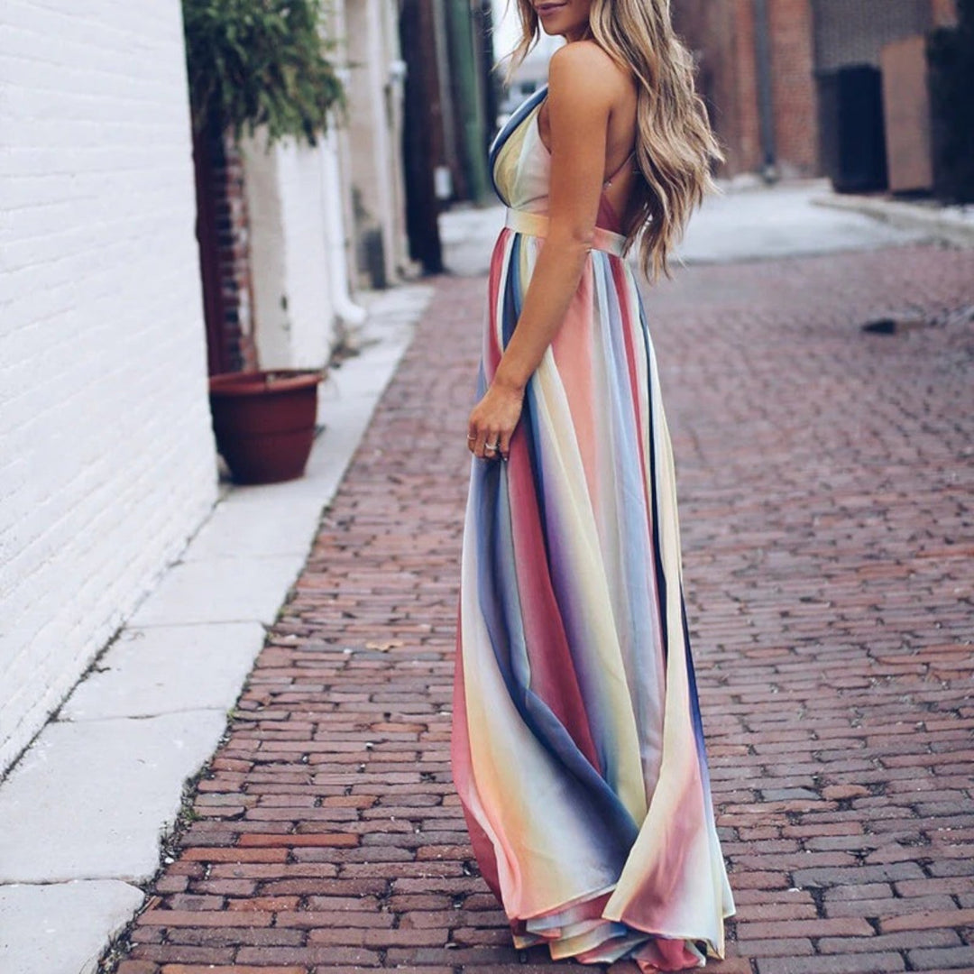 Yasmine | Abito A Righe Arcobaleno Con Scollo A V Per Donna | Maxi