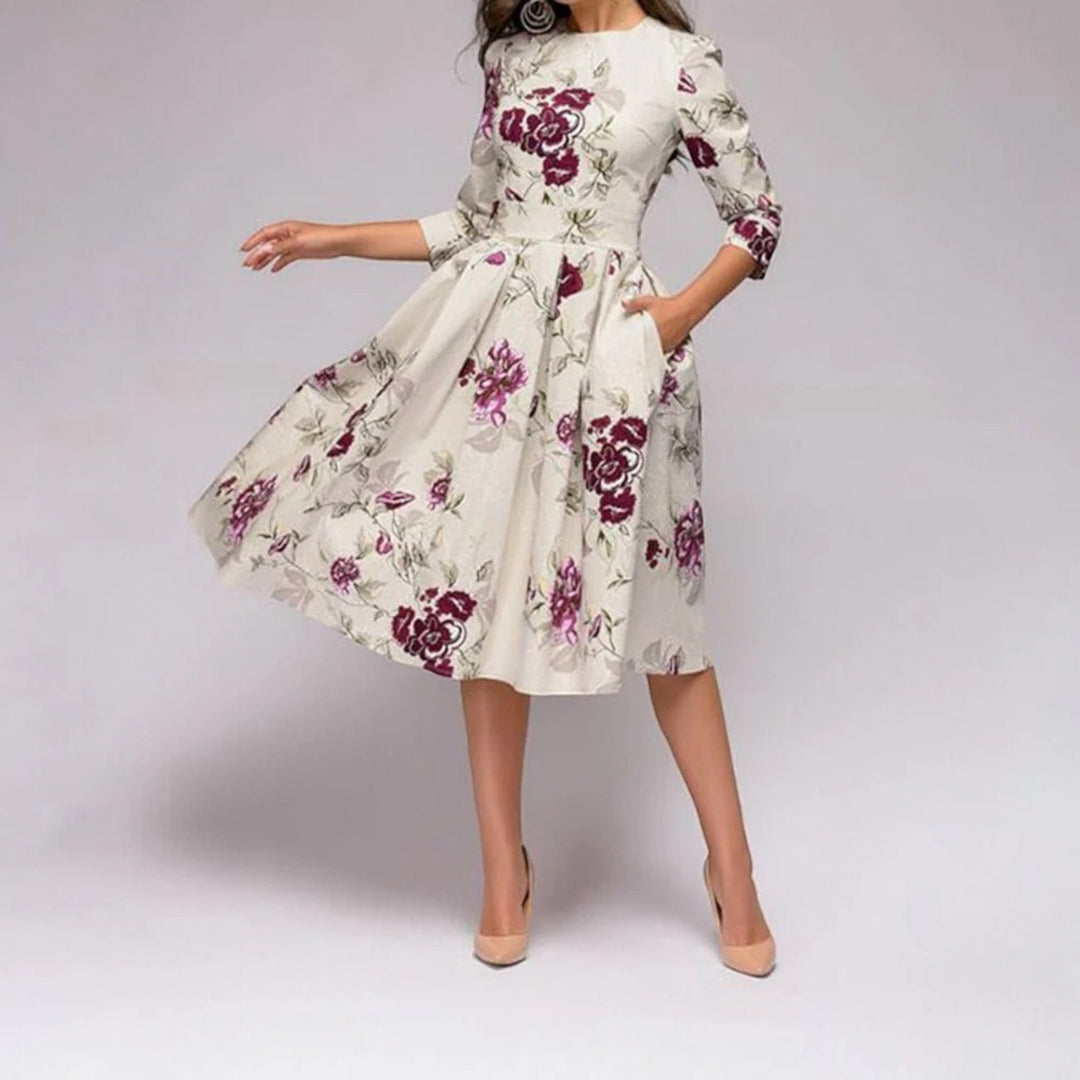 Vestido Floral Con Escote Redondo Para Mujer | Midi