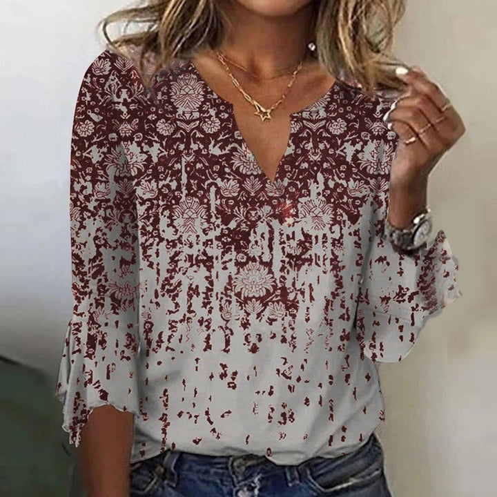 Top estampado con escote en V para mujer | mangas largas