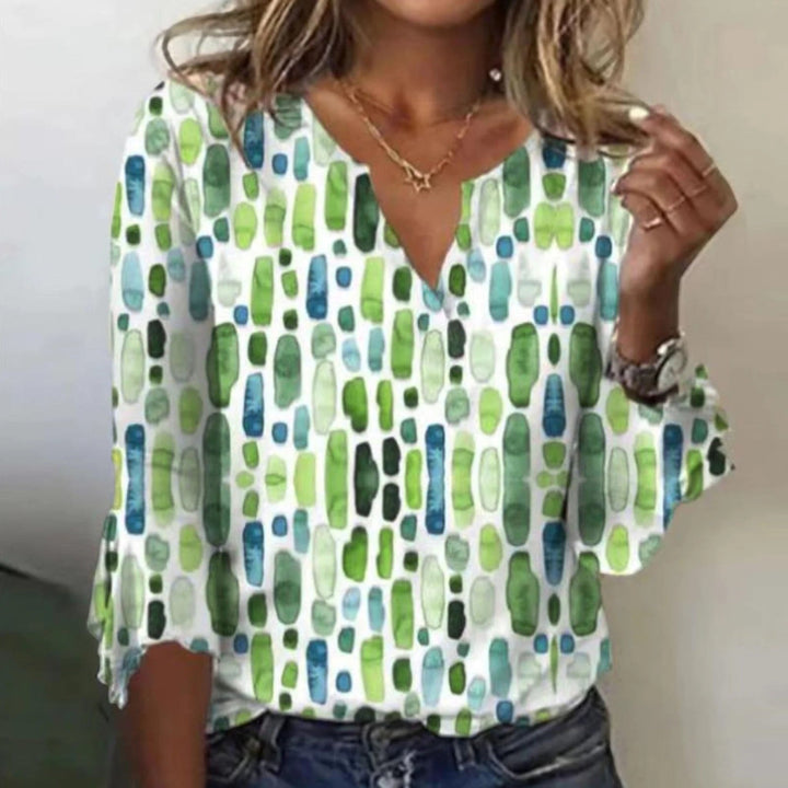 Top estampado con escote en V para mujer | mangas largas