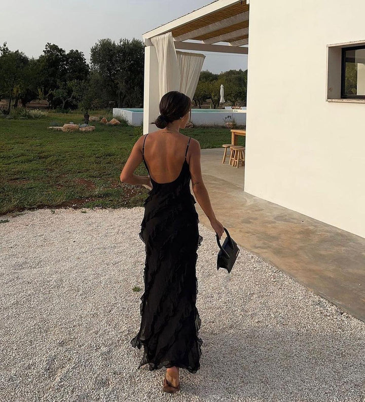 Vestido de noche largo de mujer con volantes | verano