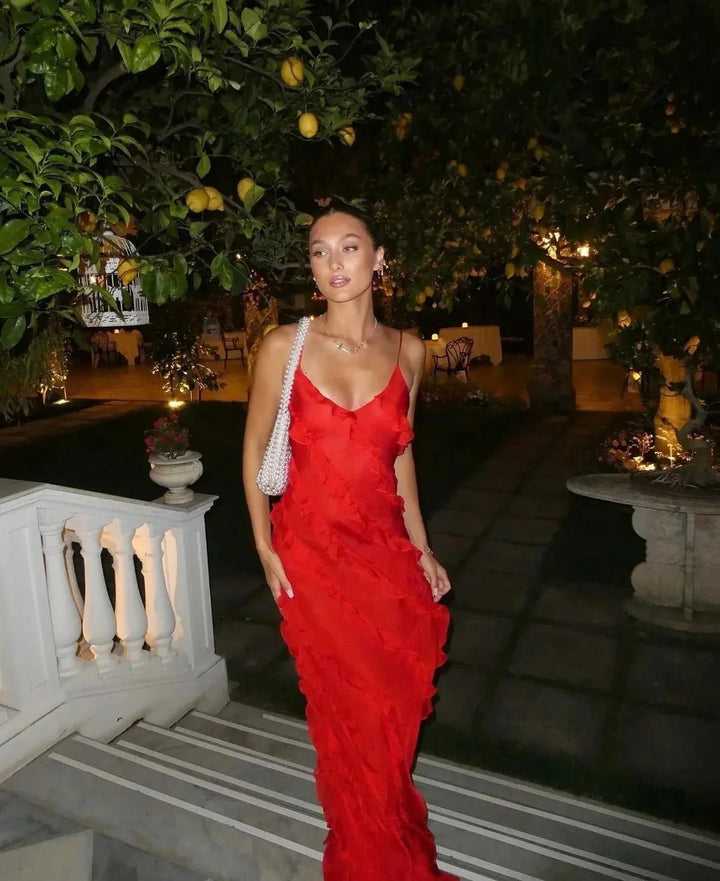 Vestido de noche largo de mujer con volantes | verano