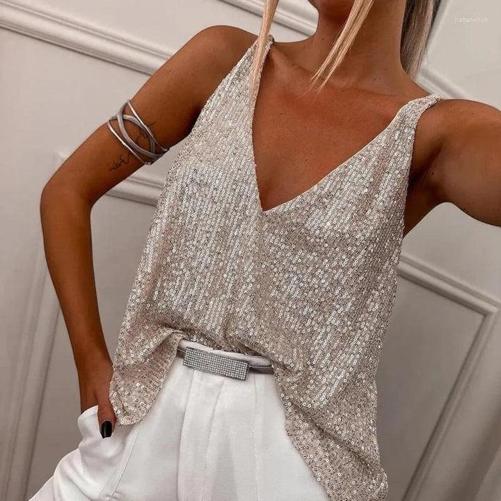 Top con escote en V y lentejuelas para mujer | sin mangas