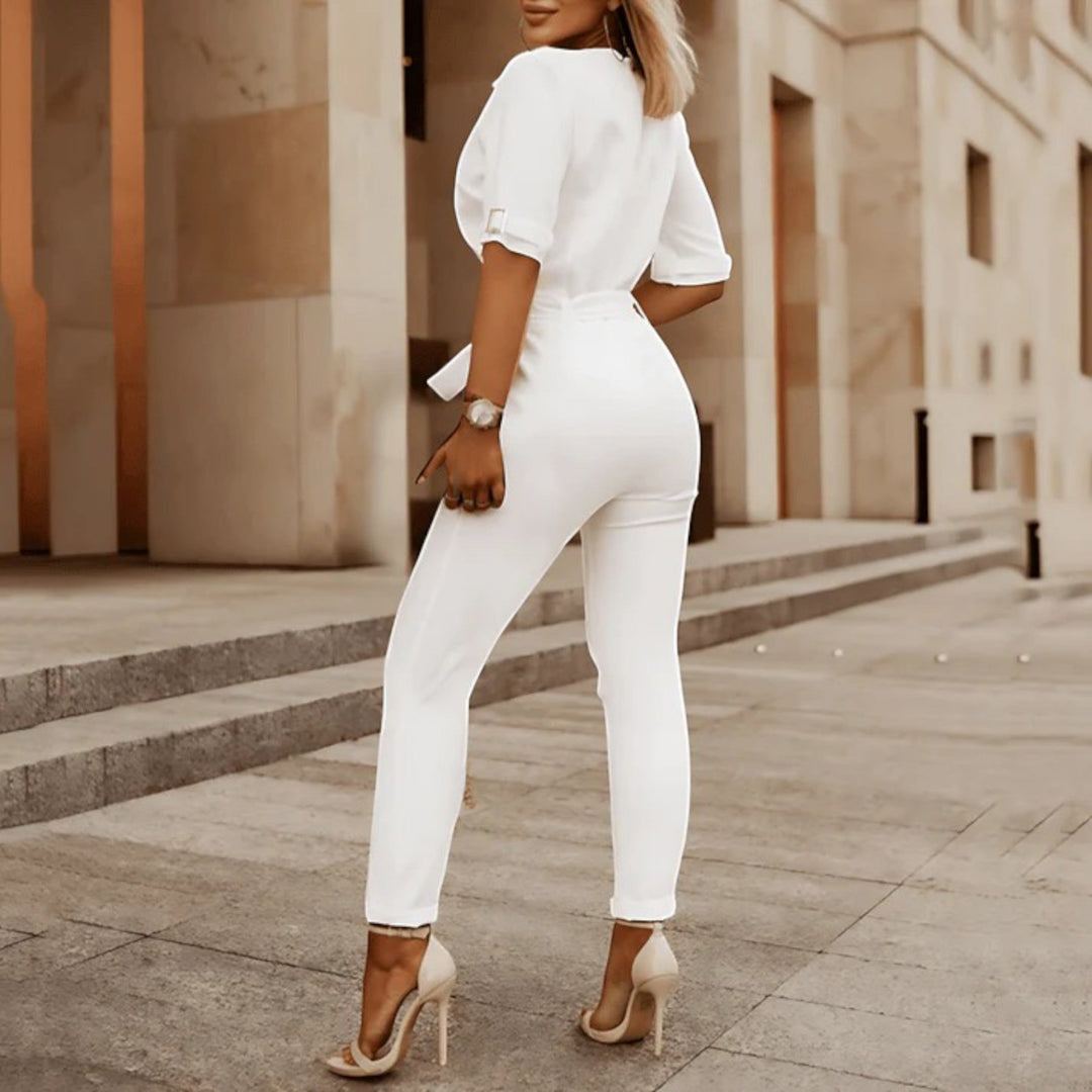 Tuta Elegante Con Scollo A V E Cintura Da Donna | Maniche Corte