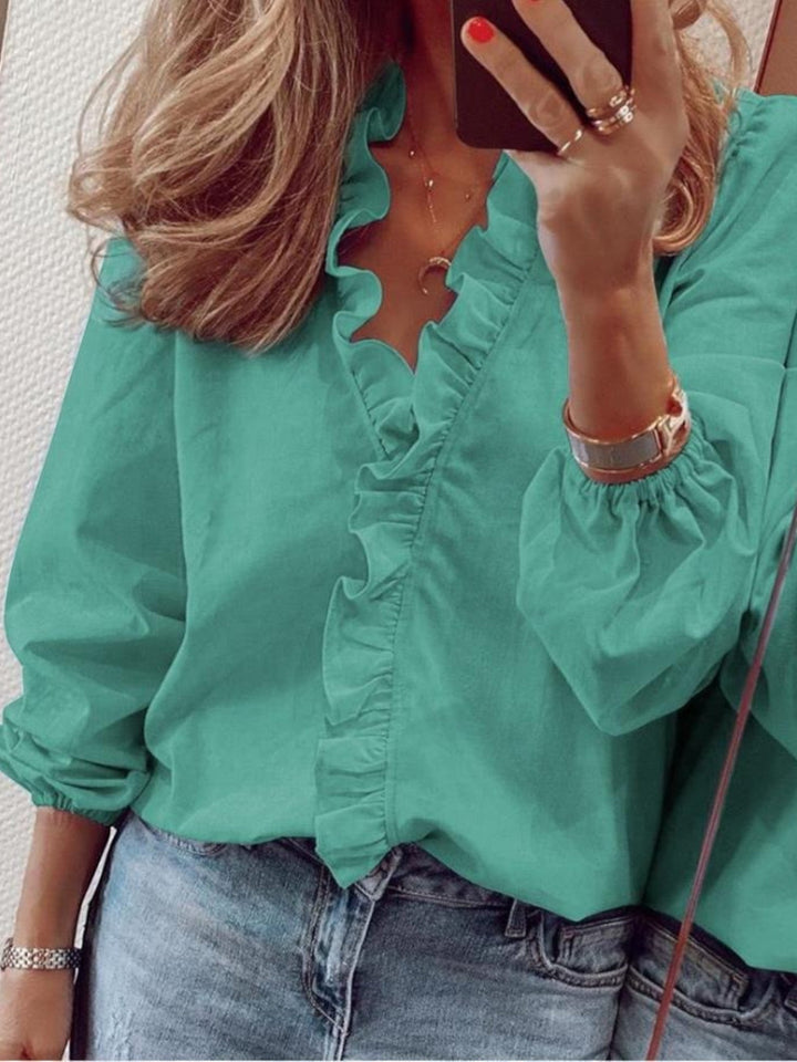 Blusa con escote en V y volantes para mujer | Manga larga